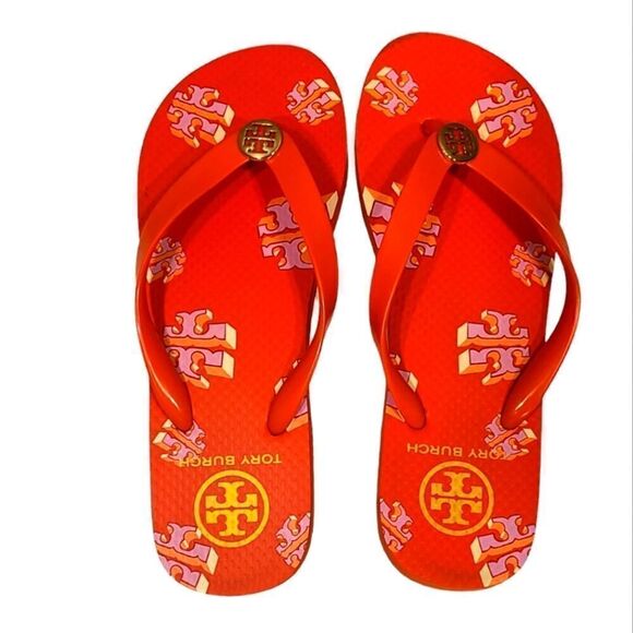 Tory Burch TPU/EVA Flip Flop Sandals Poppy Red Crazy Logo Gold Logo | 8 - Picture 3 of 9